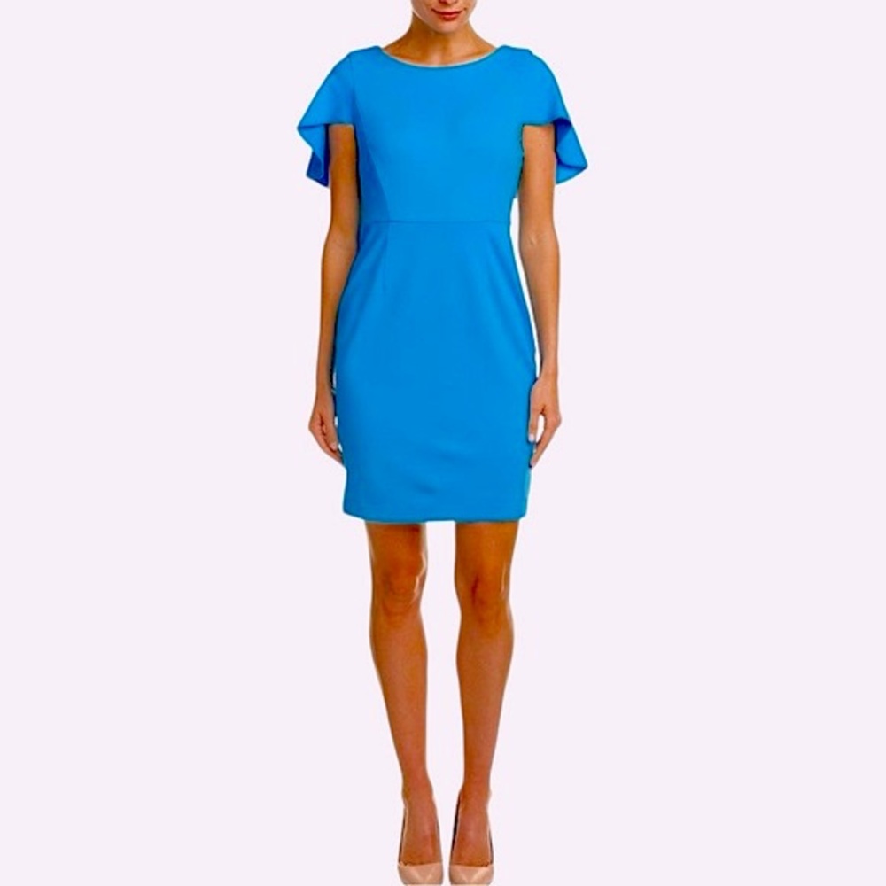 Adrianna Papell Blue Knit Crepe Sheath Dress with Shoulder Cape 12